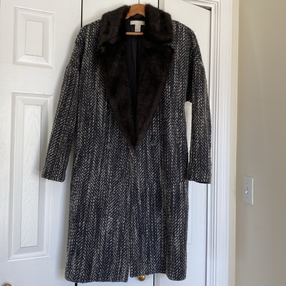H&M Faux Fur Collar Tweed Wool Blend Long Coat Sz 6 - Picture 2 of 12